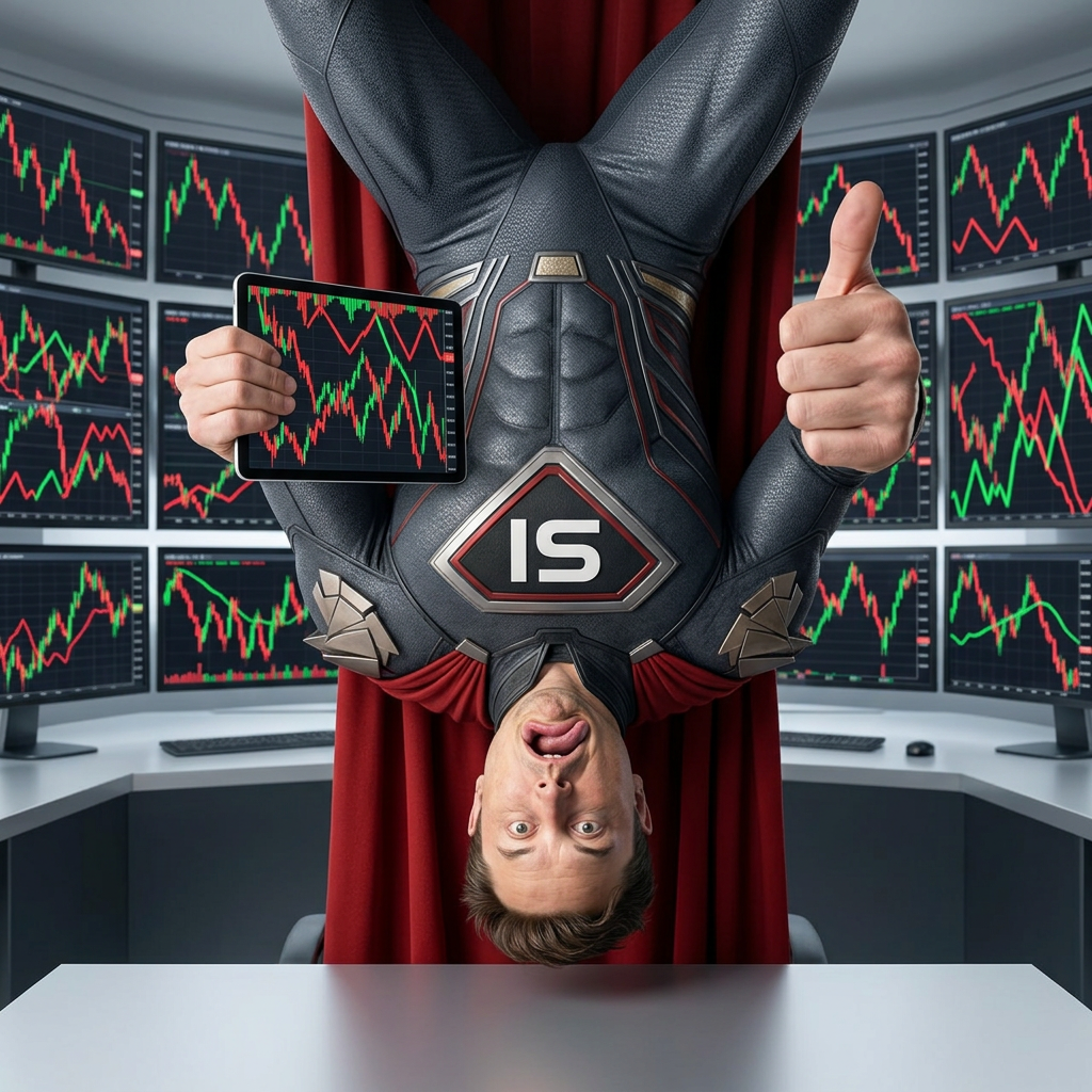 Super Idiot reading market charts while hanging upside down