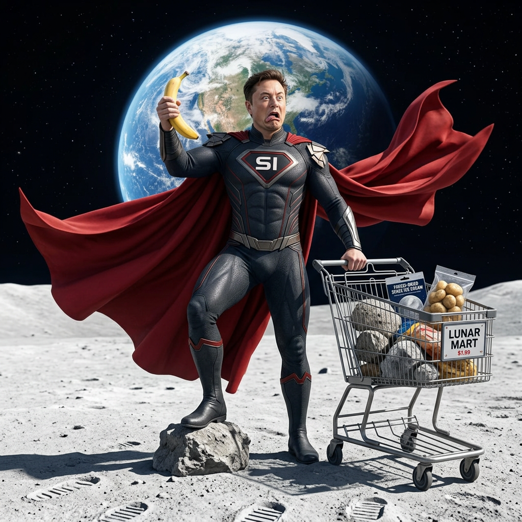 Super Idiot on the Moon with a banana and a shopping cart